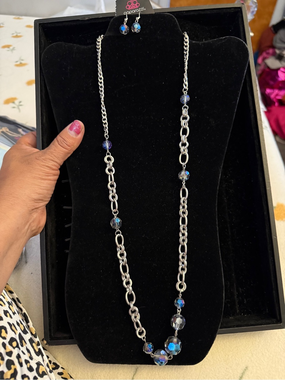 paparazzi Silver Chain Necklace with Blue Iridescent Beads